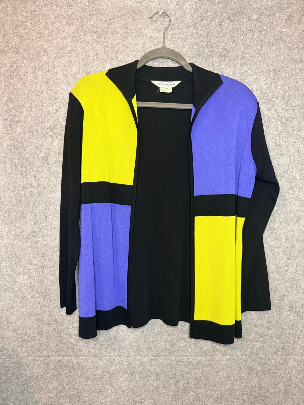 Misook Petite Cardigan Womens S Black Purple Yellow Colorblock Open Front Knit